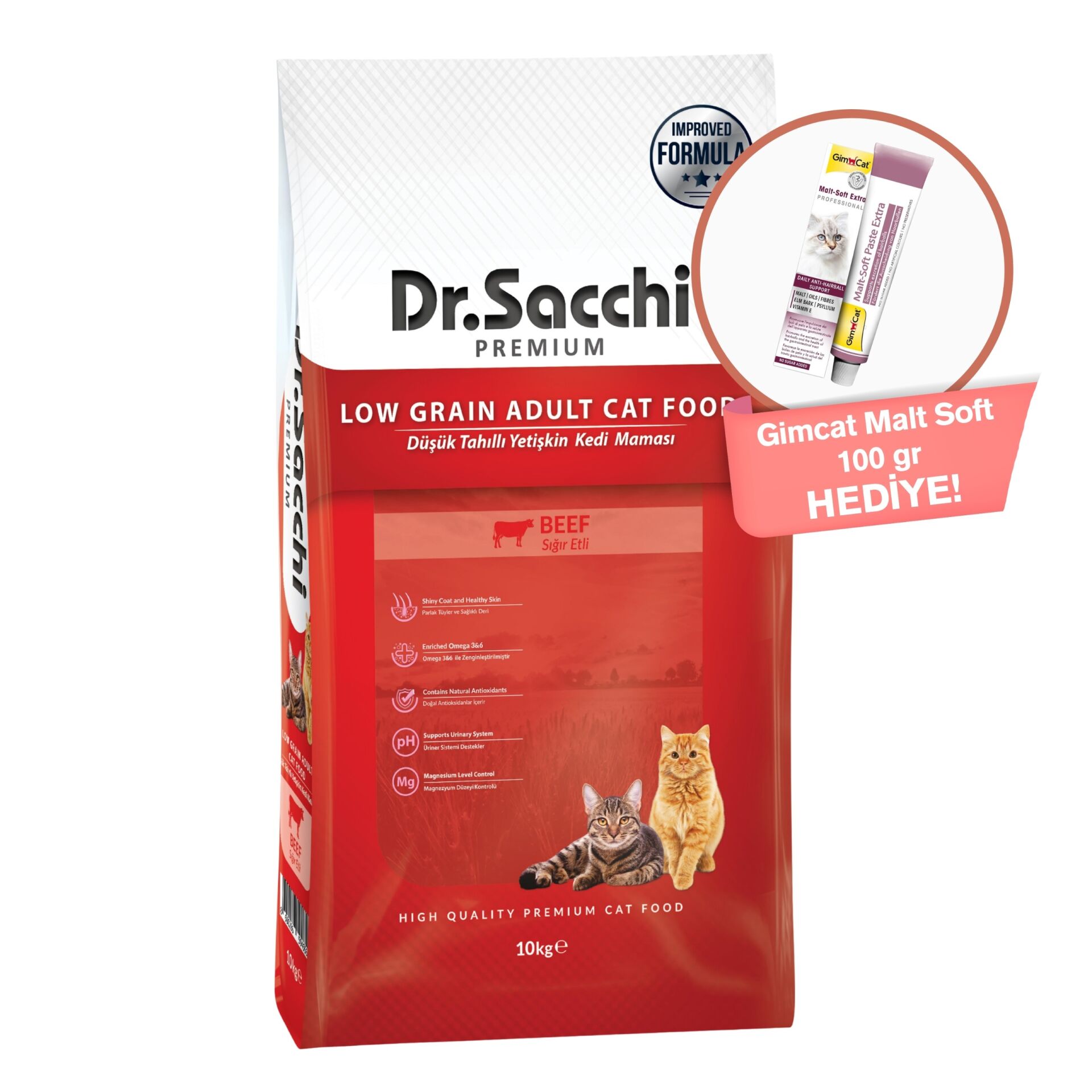 Dr.Sacchi Premium Düşük Tahıllı Sığır Etli Yetişkin Kedi Maması 10 Kg