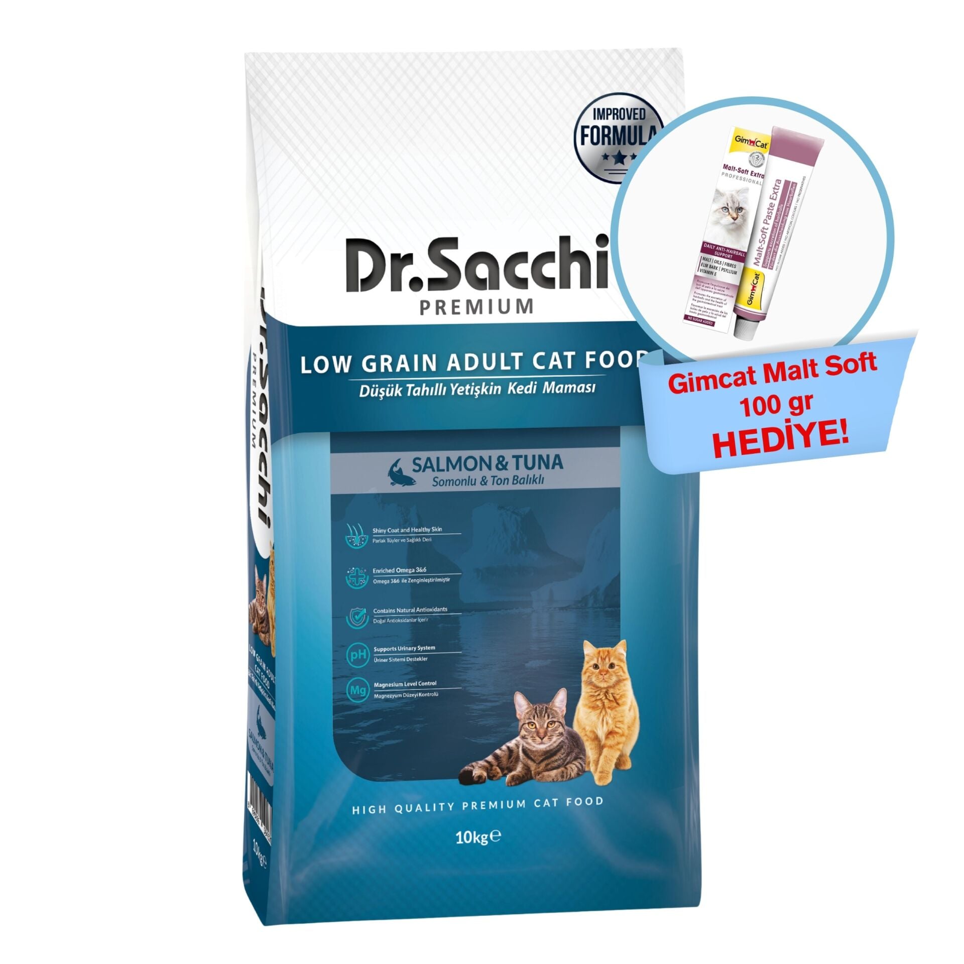 Dr.Sacchi Premium Düşük Tahıllı Somonlu ve Ton Balıklı Yetişkin Kedi Maması 10 Kg
