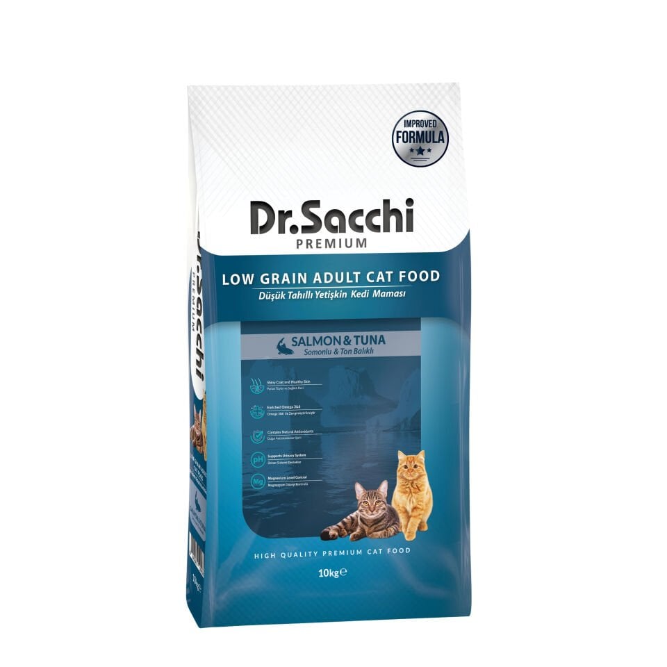 Dr.Sacchi Premium Düşük Tahıllı Somonlu ve Ton Balıklı Yetişkin Kedi Maması 10 Kg