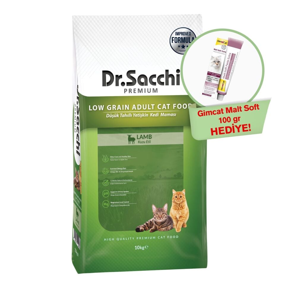 Dr.Sacchi Premium Düşük Tahıllı Kuzu Etli Yetişkin Kedi Maması 10 Kg