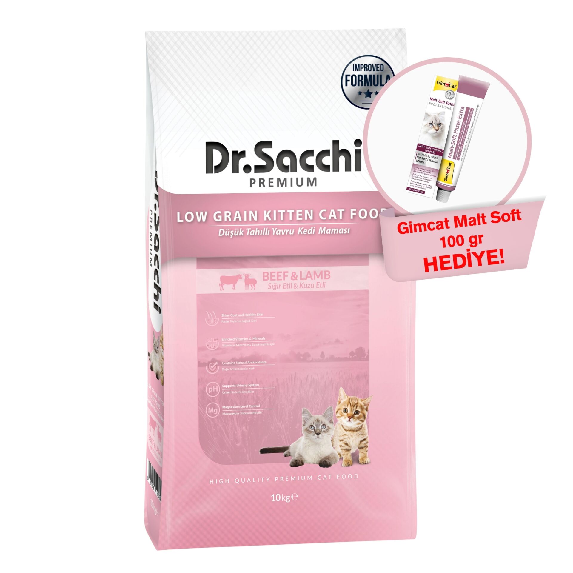 Dr.Sacchi Premium Düşük Tahıllı Sığır Etli ve Kuzu Etli Yavru Kedi Maması 10 Kg