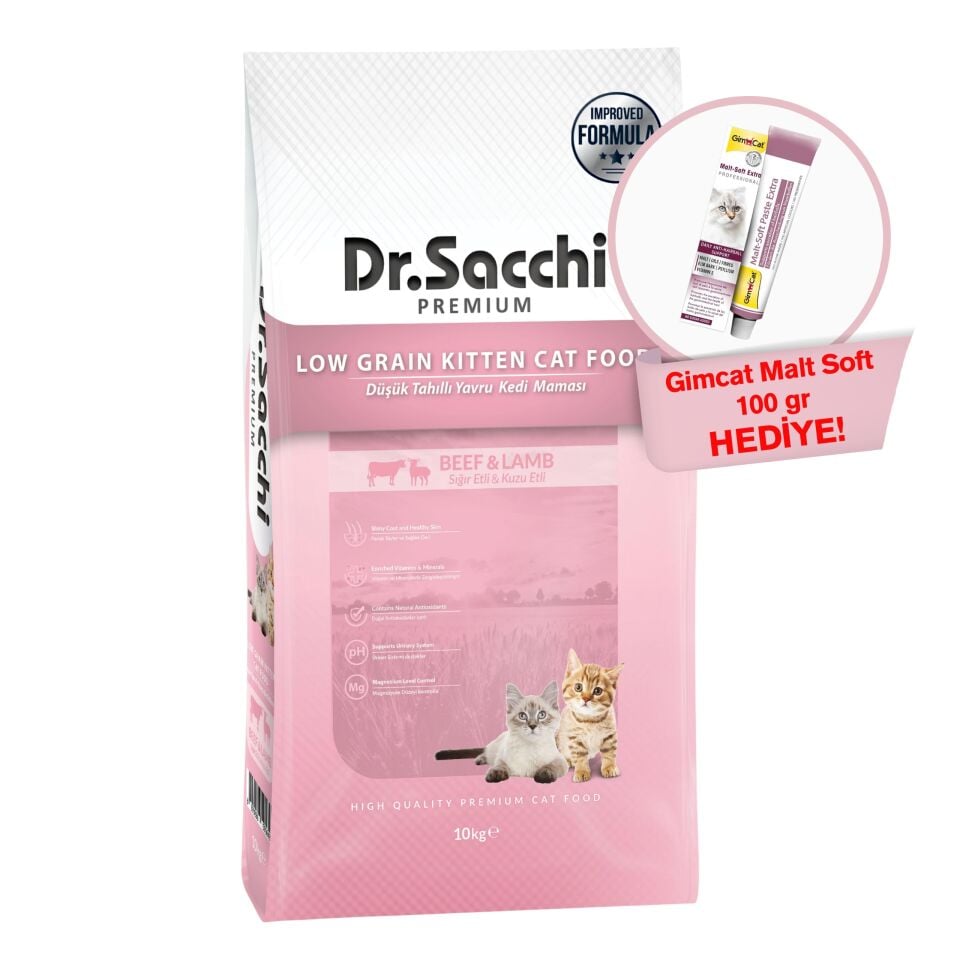 Dr.Sacchi Premium Düşük Tahıllı Sığır Etli ve Kuzu Etli Yavru Kedi Maması 10 Kg