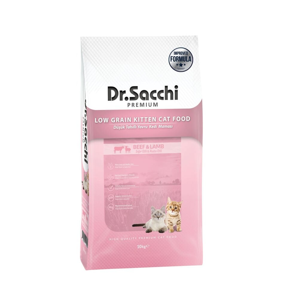 Dr.Sacchi Premium Düşük Tahıllı Sığır Etli ve Kuzu Etli Yavru Kedi Maması 10 Kg