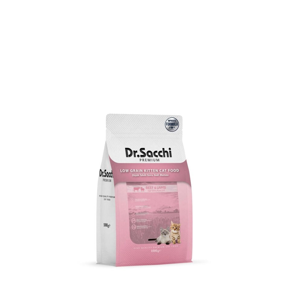 Dr. Sacchi Premium Düşük Tahıllı Sığır Etli ve Kuzu Etli Yavru Kedi Maması 1 Kg
