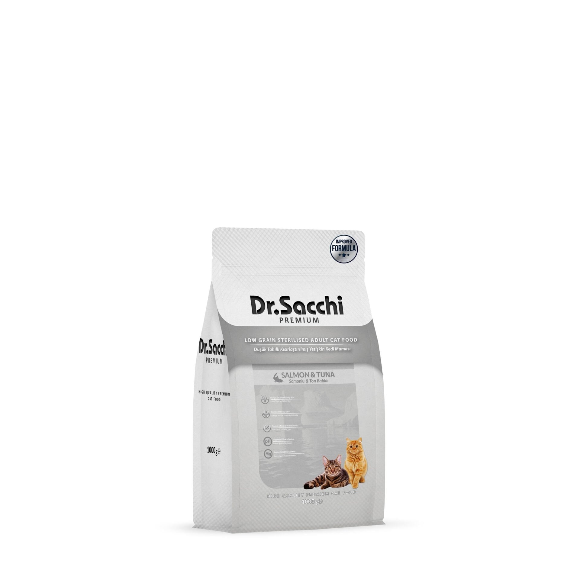Dr.Sacchi Premium Düşük Tahıllı Somonlu ve Ton Balıklı Kısırlaştırılmış Kedi Maması 1 Kg