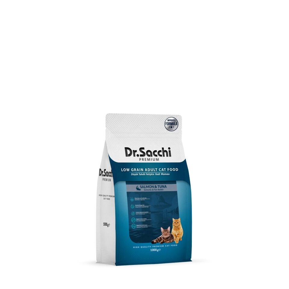 Dr.Sacchi Premium Düşük Tahıllı Somonlu ve Ton Balıklı Yetişkin Kedi Maması 1 Kg