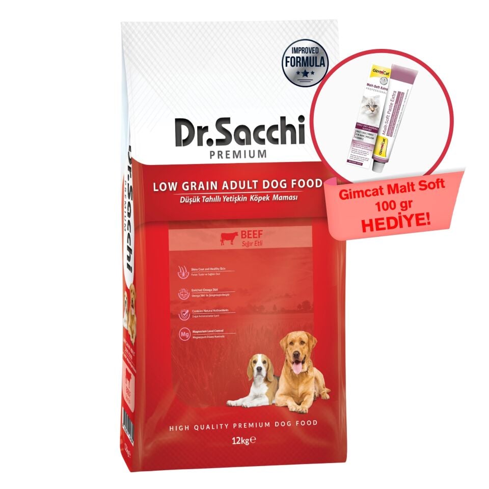Dr.Sacchi Premium Düşük Tahıllı Sığır Etli Yetişkin Köpek Maması 12 Kg