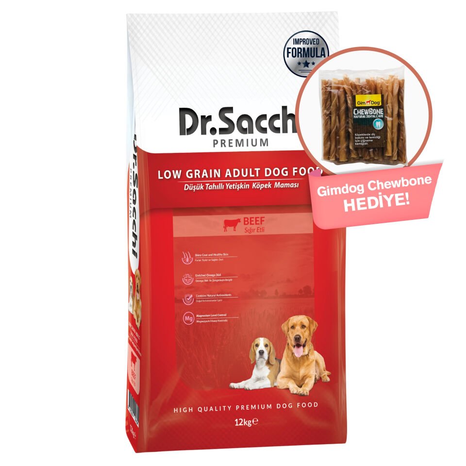 Dr.Sacchi Premium Düşük Tahıllı Sığır Etli Yetişkin Köpek Maması 12 Kg