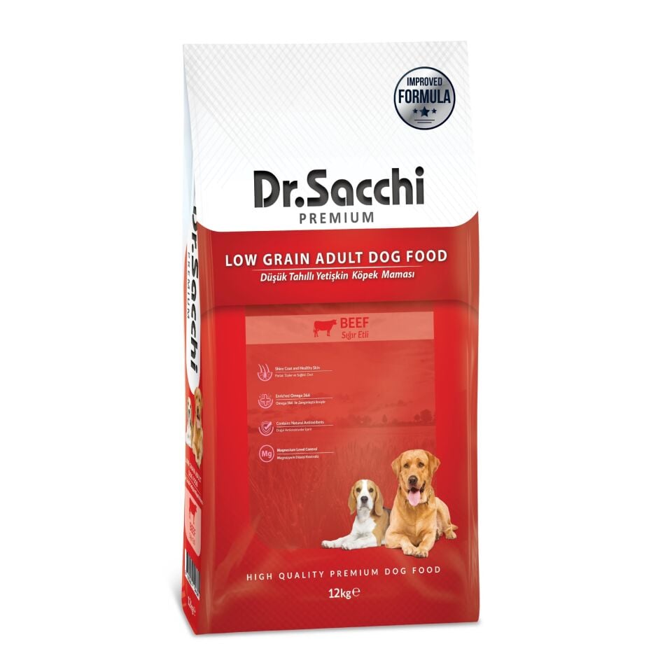 Dr.Sacchi Premium Düşük Tahıllı Sığır Etli Yetişkin Köpek Maması 12 Kg