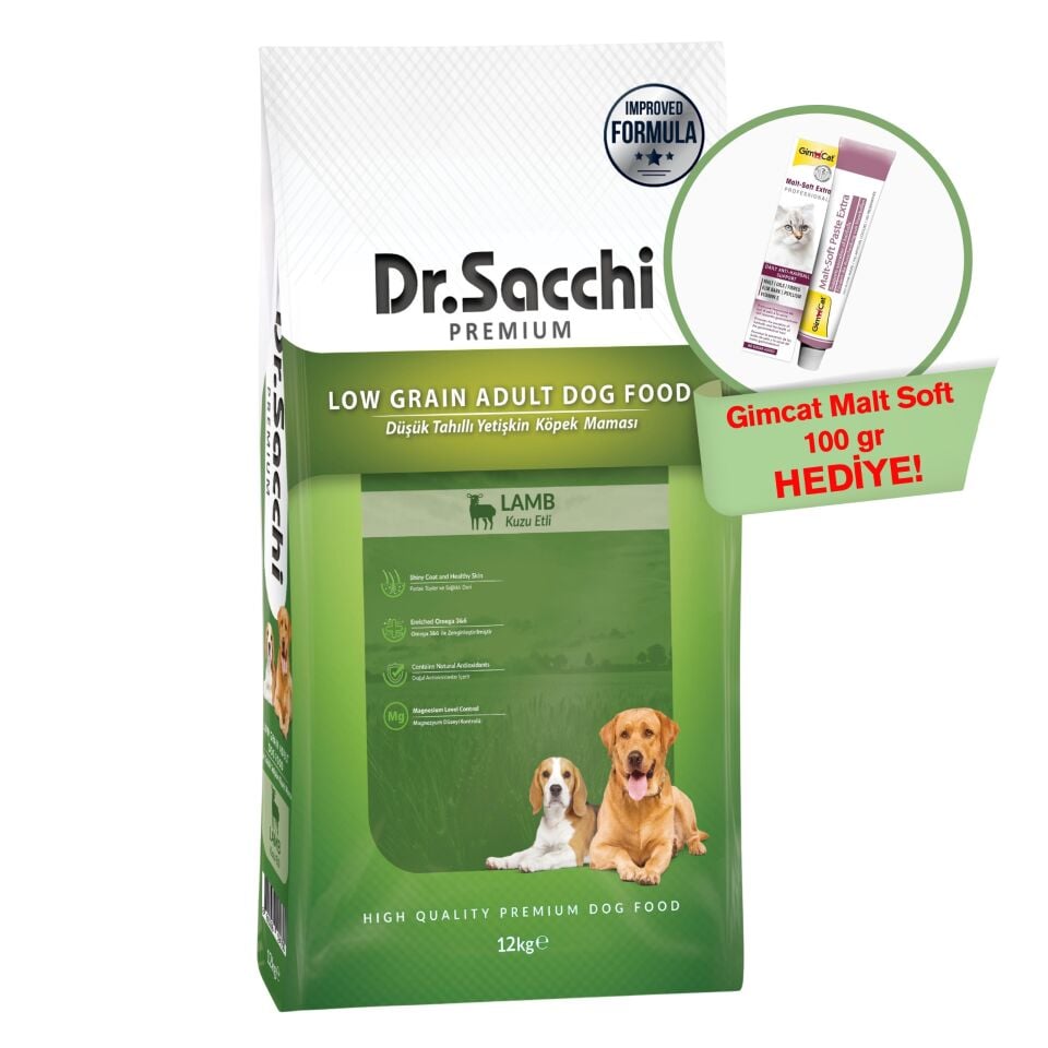 Dr.Sacchi Premium Düşük Tahıllı Kuzu Etli Yetişkin Köpek Maması 12 Kg