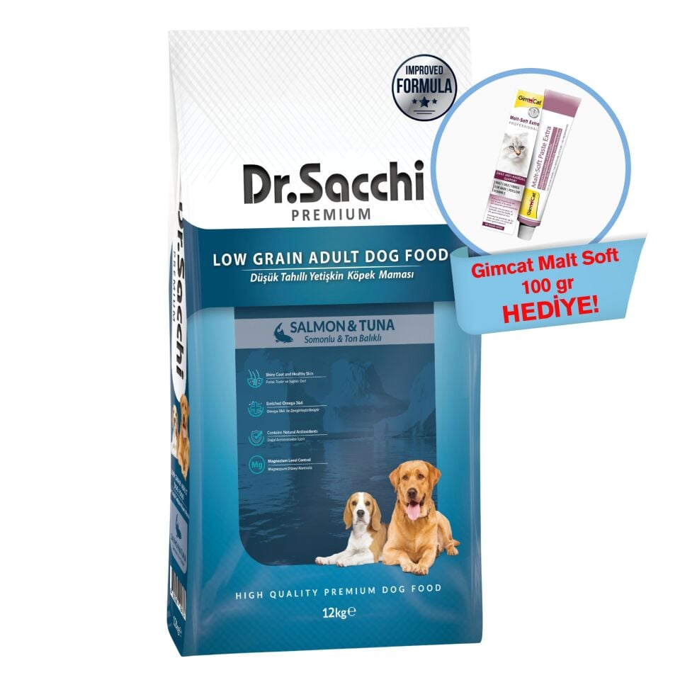 Dr.Sacchi Premium Düşük Tahıllı Somonlu ve Ton Balıklı Yetişkin Köpek Maması 12 Kg