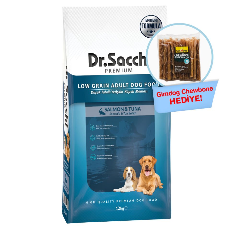 Dr.Sacchi Premium Düşük Tahıllı Somonlu ve Ton Balıklı Yetişkin Köpek Maması 12 Kg