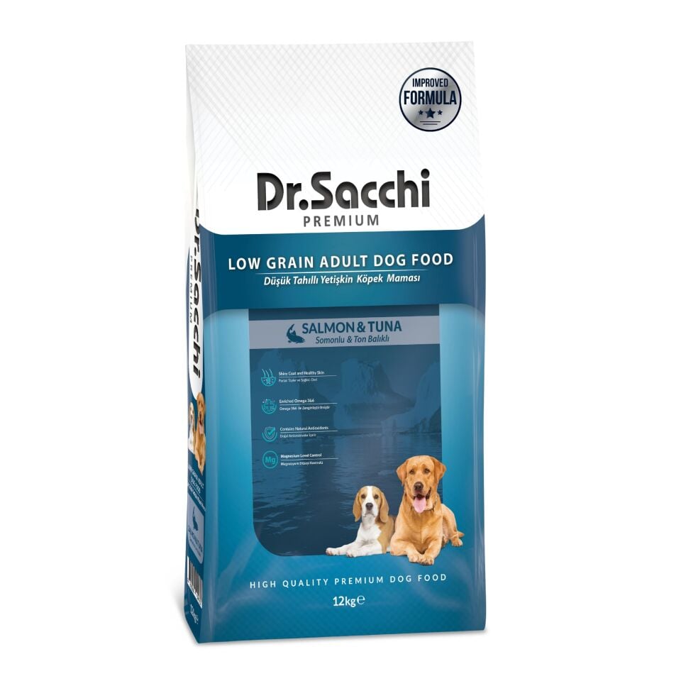 Dr.Sacchi Premium Düşük Tahıllı Somonlu ve Ton Balıklı Yetişkin Köpek Maması 12 Kg