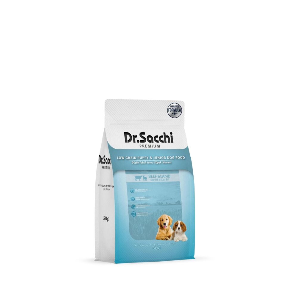 Dr. Sacchi Düşük Tahıllı Sığır Etli ve Kuzu Etli Yavru Köpek Maması 1,5 Kg
