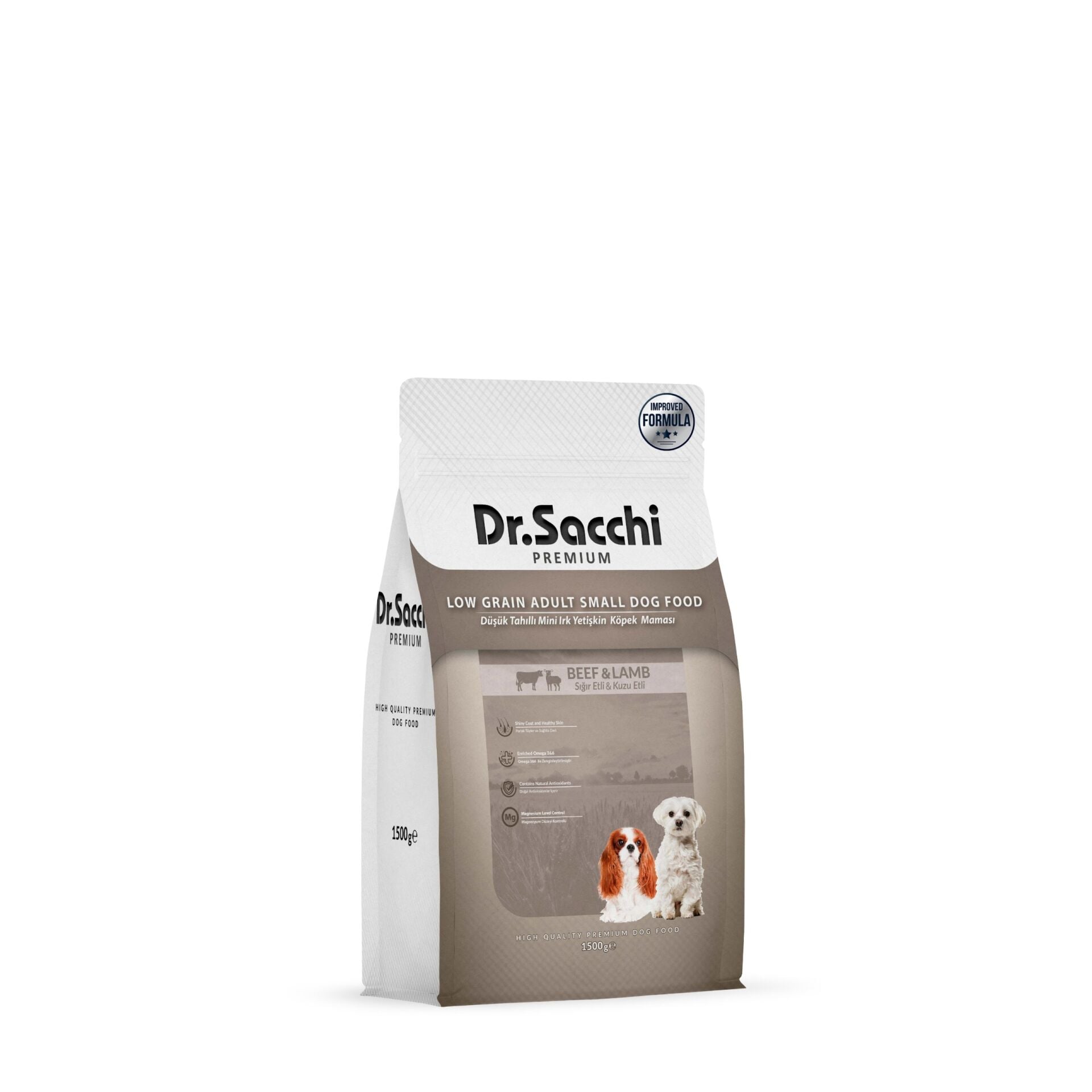 Dr.Sacchi Düşük Tahıllı Sığır Etli ve Kuzu Etli Mini Irk Yetişkin Köpek Maması 1,5 Kg