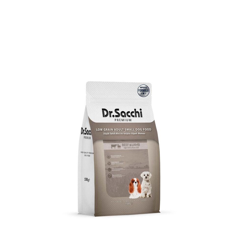 Dr.Sacchi Düşük Tahıllı Sığır Etli ve Kuzu Etli Mini Irk Yetişkin Köpek Maması 1,5 Kg