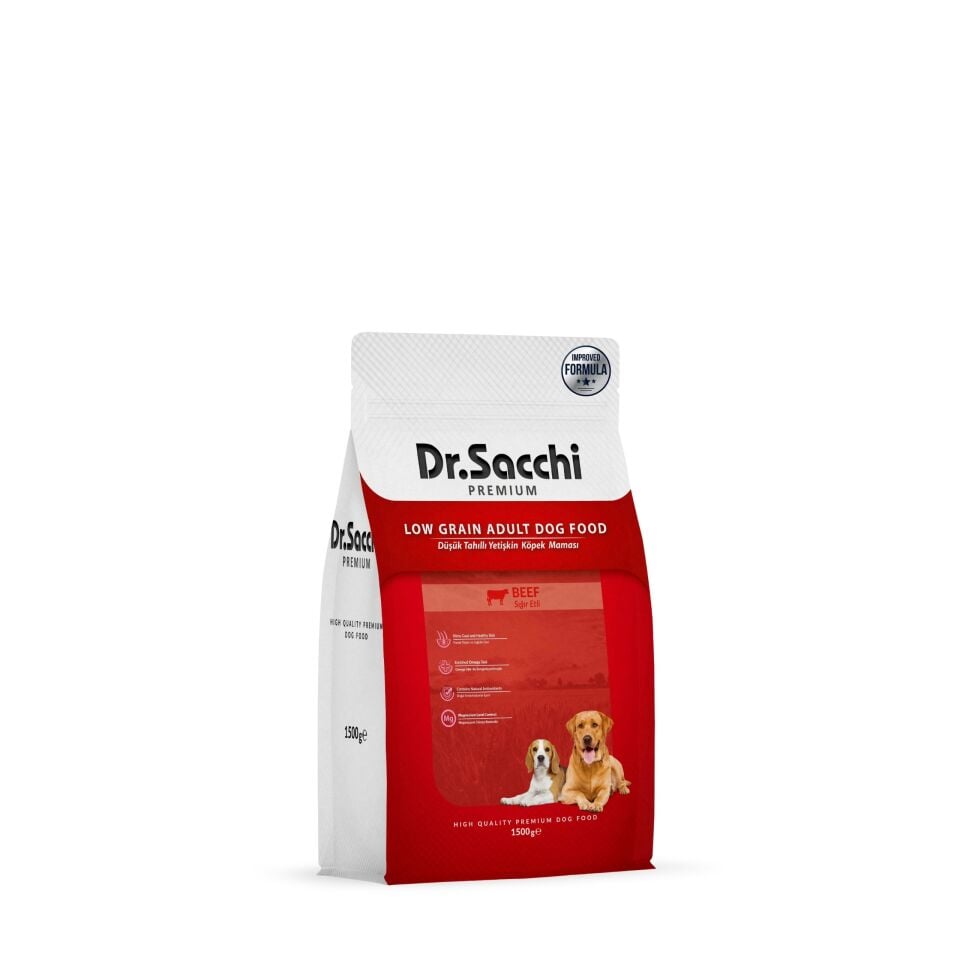 Dr.Sacchi Premium Düşük Tahıllı Sığır Etli Yetişkin Köpek Maması 1,5 Kg