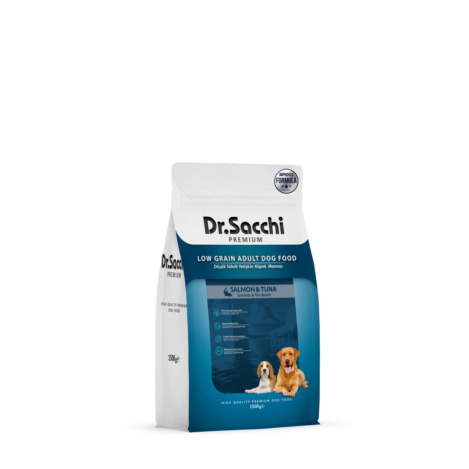 Dr. Sacchi Premium Düşük Tahıllı Somonlu ve Ton Balıklı Yetişkin Köpek Maması 1,5 Kg