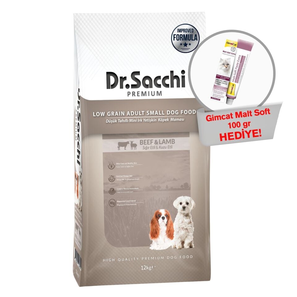 Dr.Sacchi Düşük Tahıllı Sığır Etli ve Kuzu Etli Mini Irk Yetişkin Köpek Maması 12 Kg