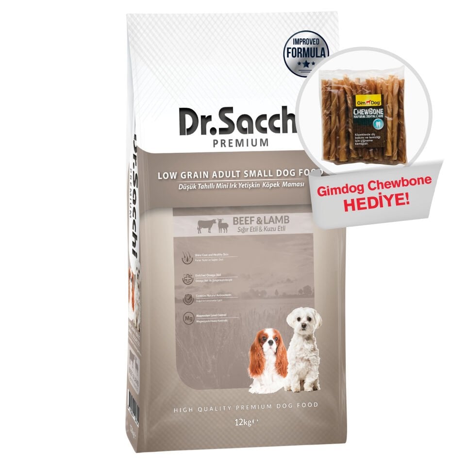 Dr.Sacchi Düşük Tahıllı Sığır Etli ve Kuzu Etli Mini Irk Yetişkin Köpek Maması 12 Kg