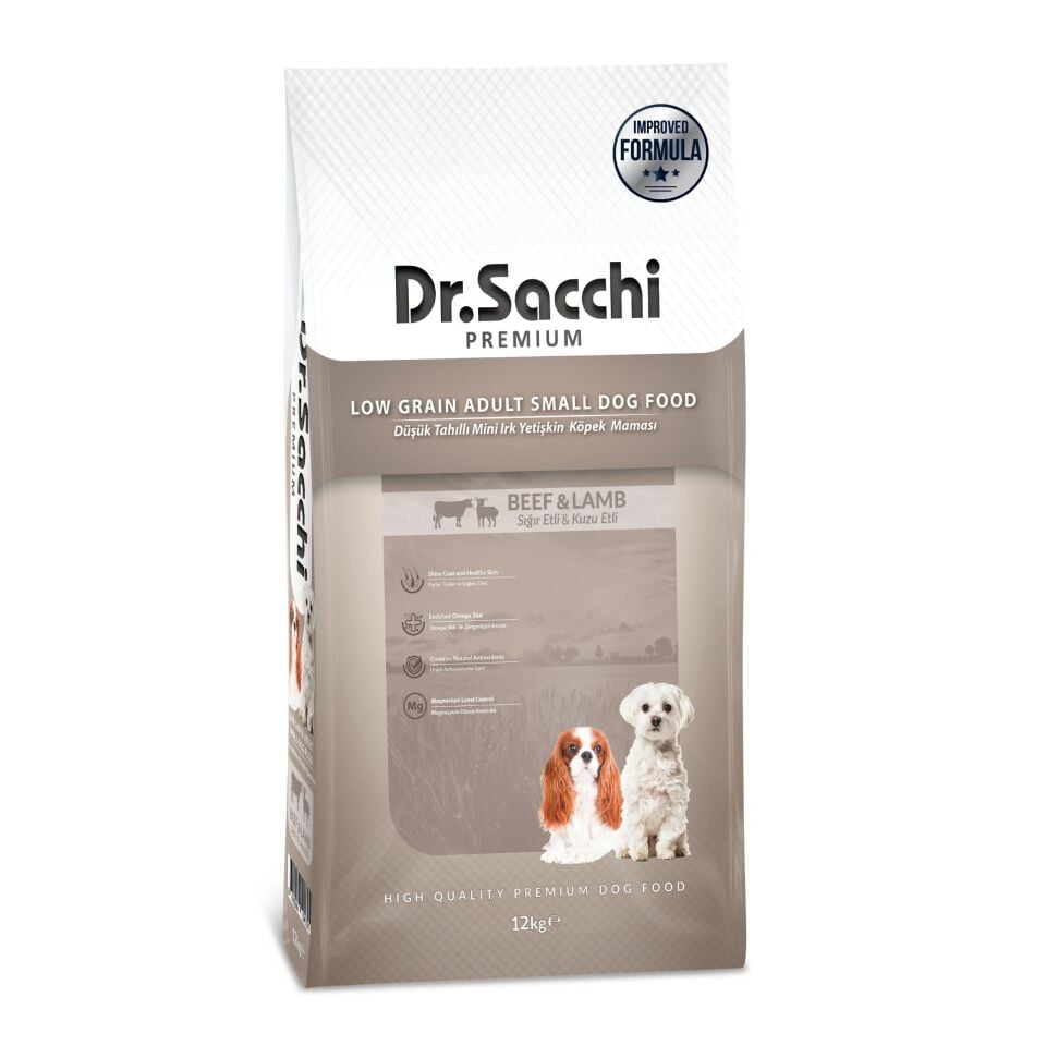 Dr.Sacchi Düşük Tahıllı Sığır Etli ve Kuzu Etli Mini Irk Yetişkin Köpek Maması 12 Kg