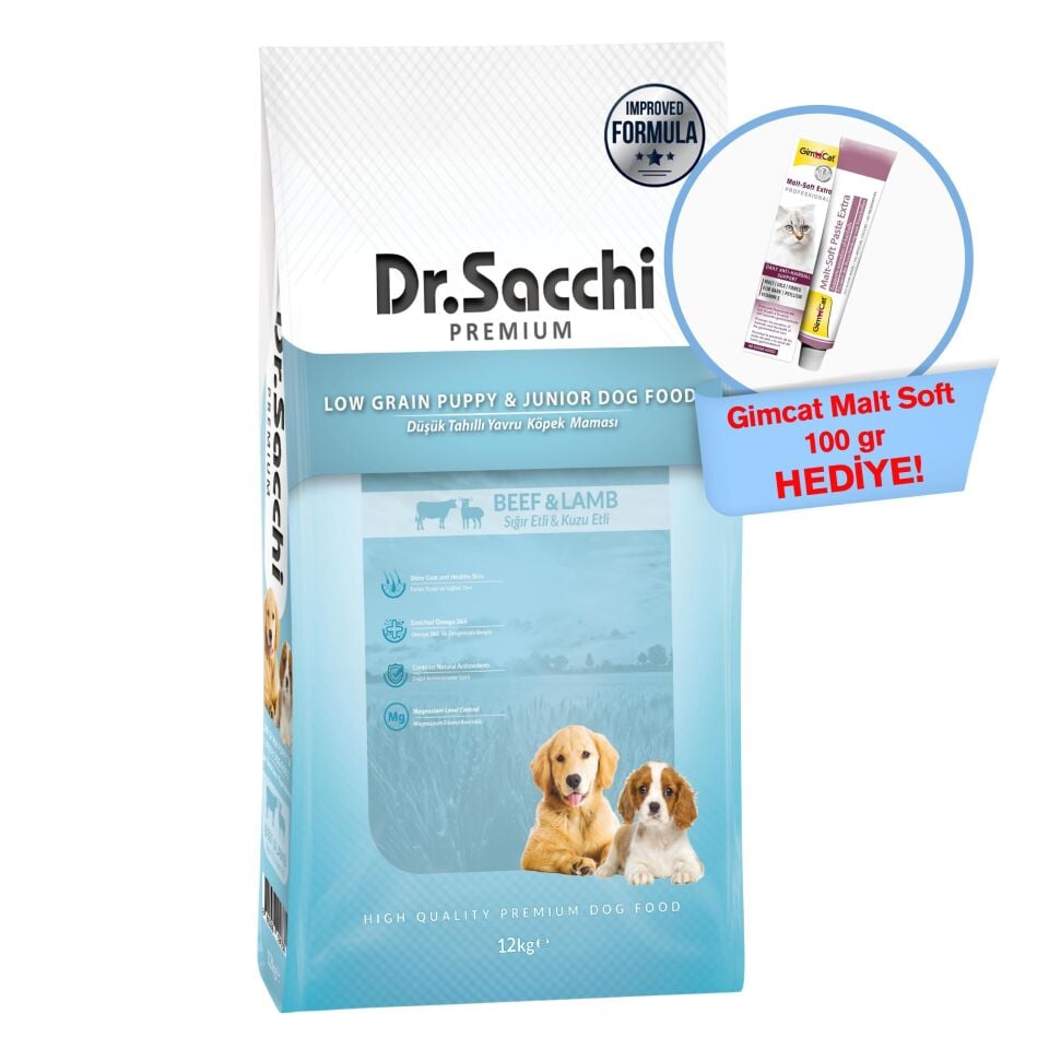 Dr.Sacchi Premium Düşük Tahıllı Sığır Etli ve Kuzu Etli Yavru Köpek Maması 12 Kg