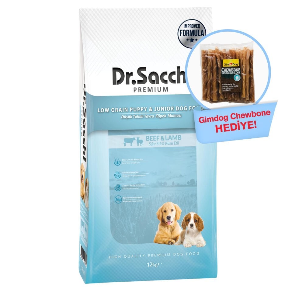 Dr.Sacchi Premium Düşük Tahıllı Sığır Etli ve Kuzu Etli Yavru Köpek Maması 12 Kg
