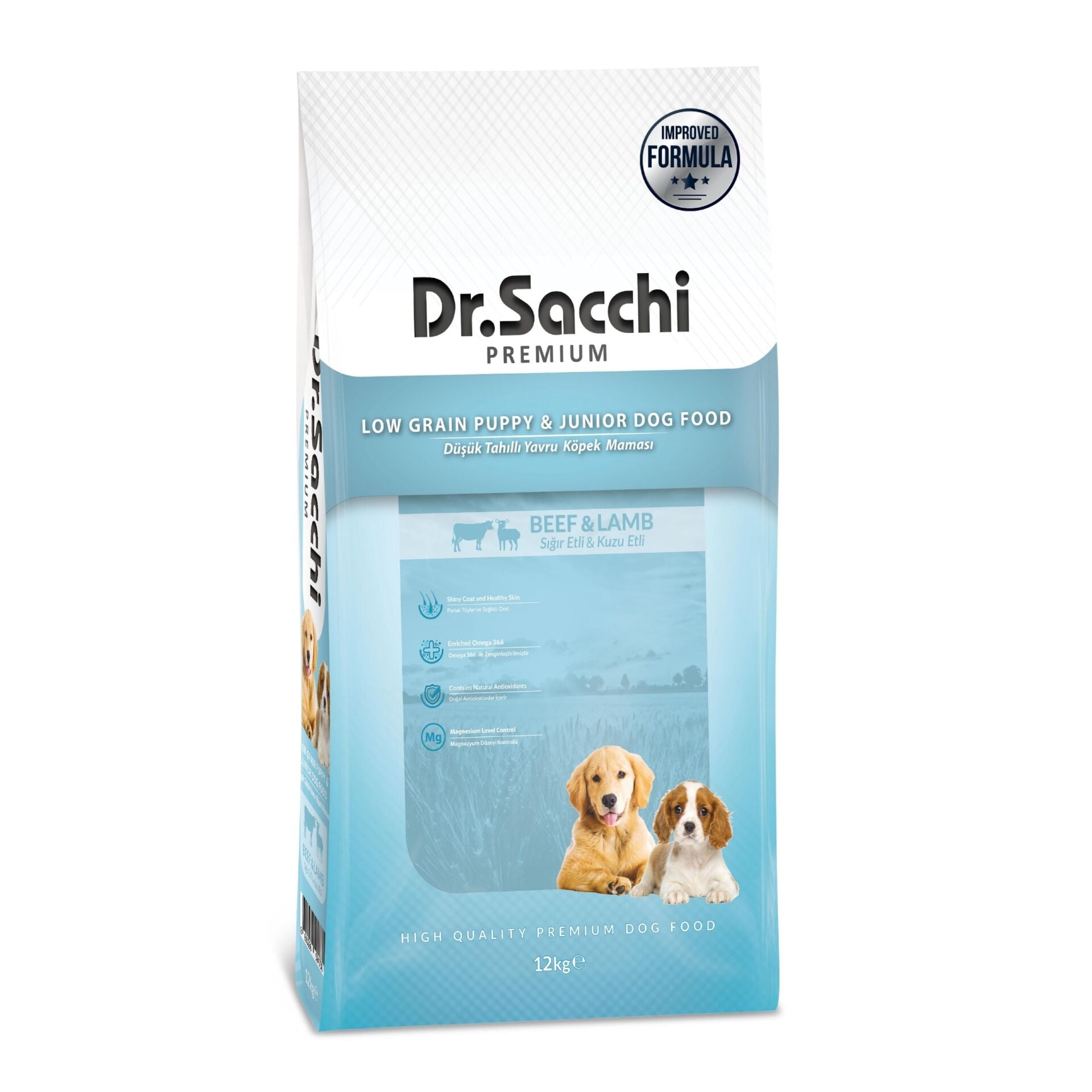 Dr.Sacchi Premium Düşük Tahıllı Sığır Etli ve Kuzu Etli Yavru Köpek Maması 12 Kg