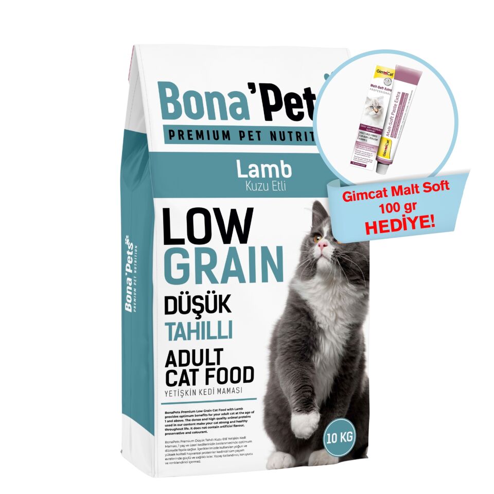 Bona'Pets Premium Düşük Tahıllı Kuzu Etli Yetişkin Kedi Maması 10 Kg