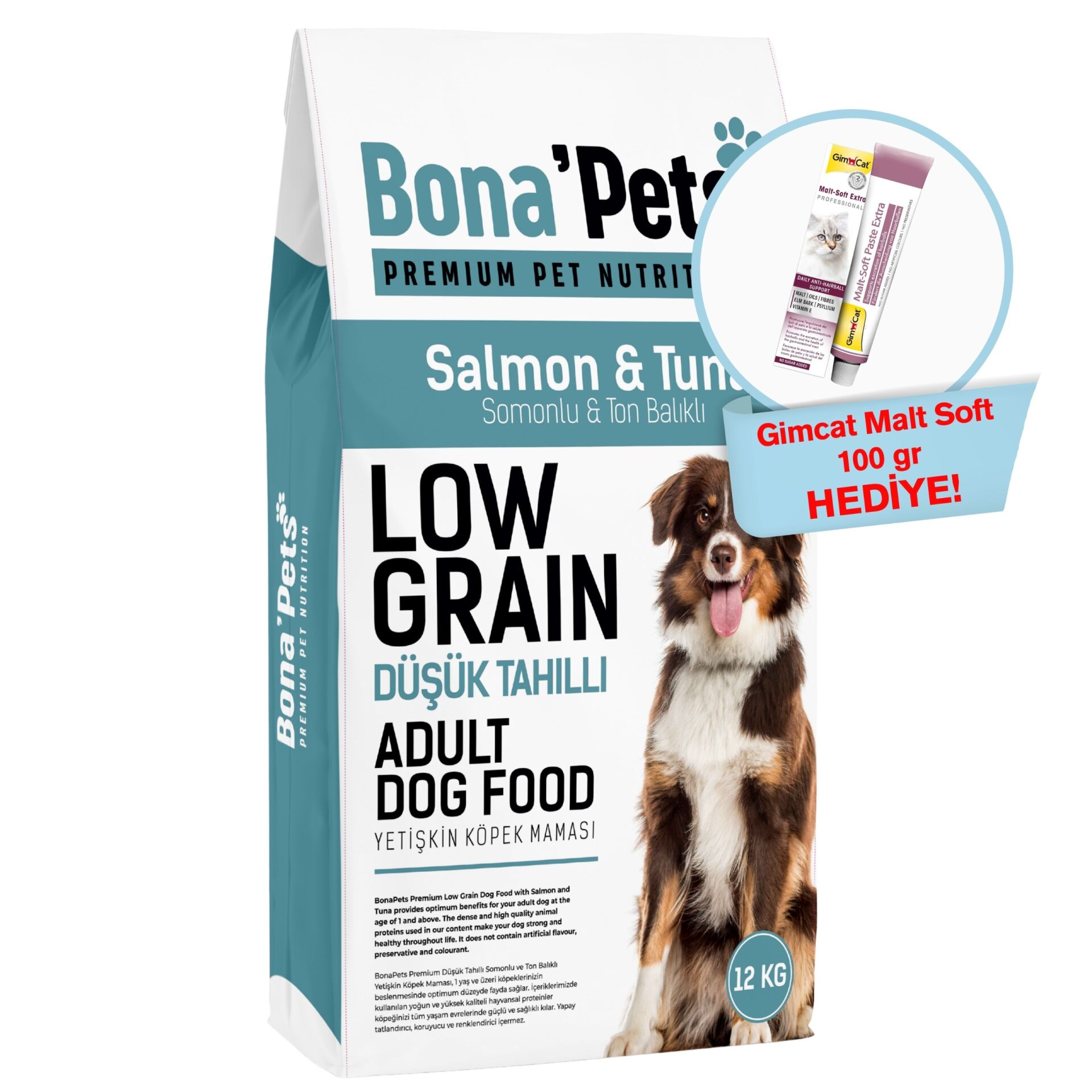 Bona’Pets Premium Düşük Tahıllı Somonlu ve Ton Balıklı Yetişkin Köpek Maması 12 Kg