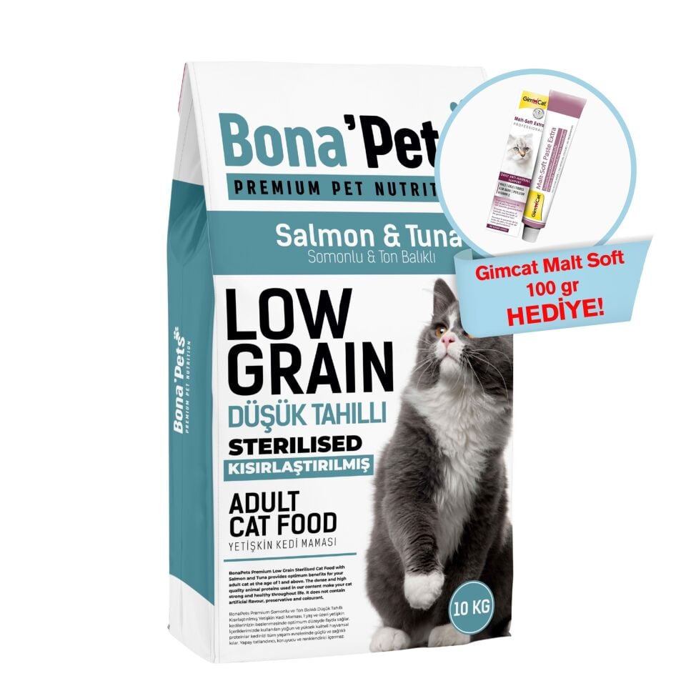 Bona’Pets Premium Düşük Tahıllı Somonlu ve Ton Balıklı Yetişkin Kedi Maması 10Kg