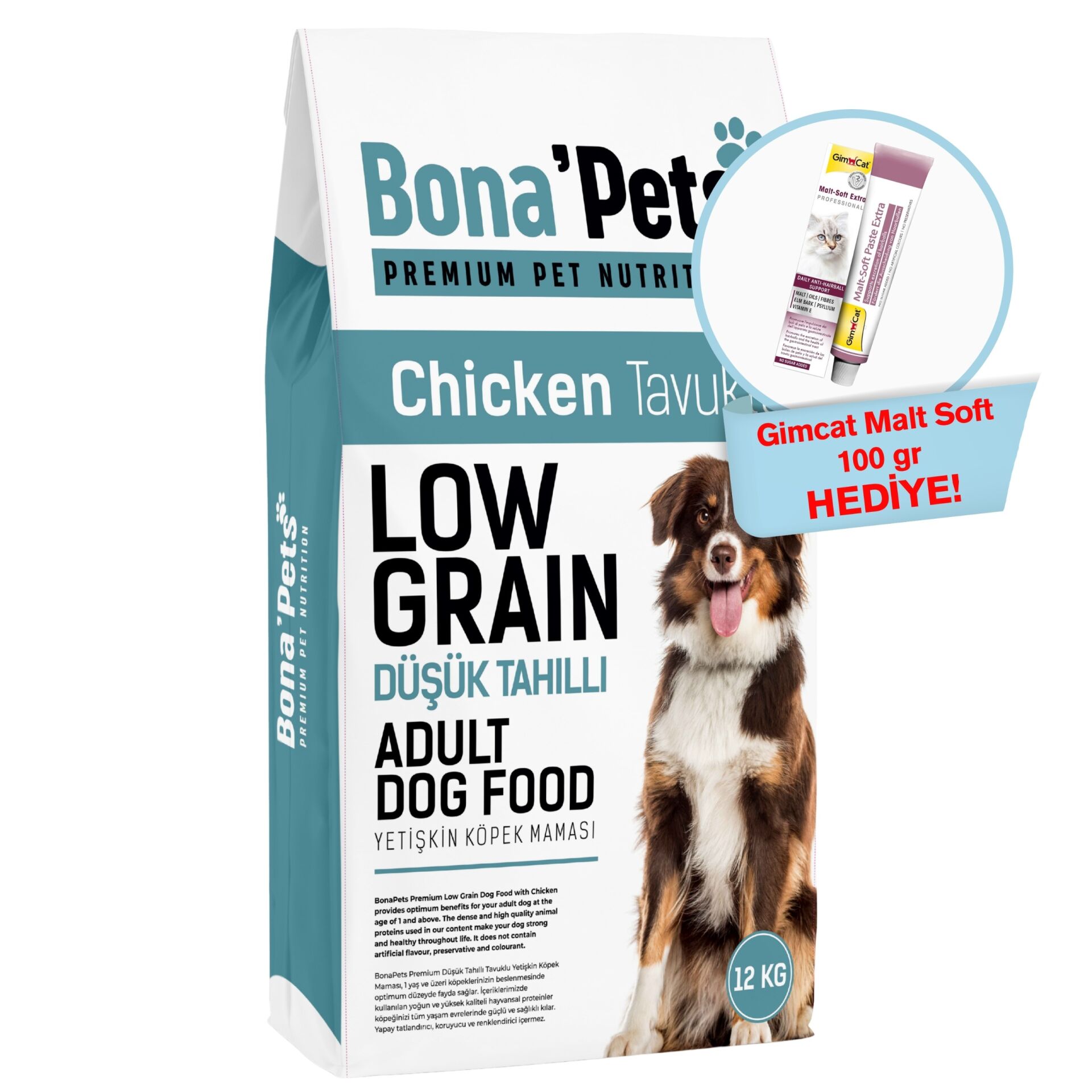 Bona’Pets Premium Düşük Tahıllı Tavuklu Yetişkin Köpek Maması 12 Kg