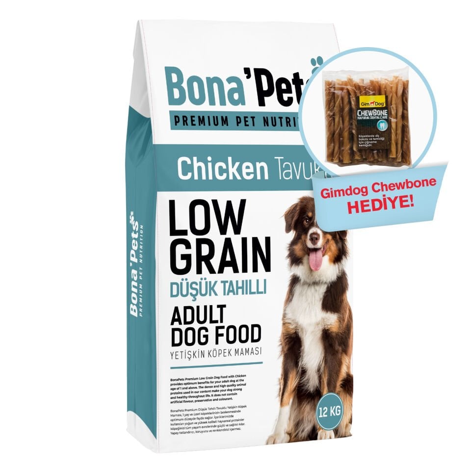 Bona’Pets Premium Düşük Tahıllı Tavuklu Yetişkin Köpek Maması 12 Kg