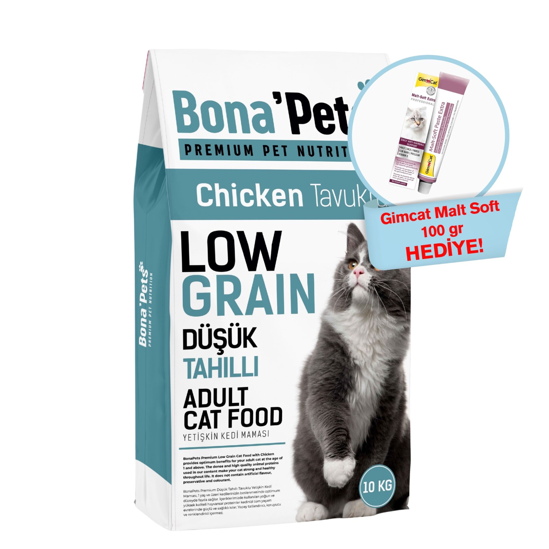 Bona’Pets Premium Düşük Tahıllı Tavuklu Yetişkin Kedi Maması 10 Kg